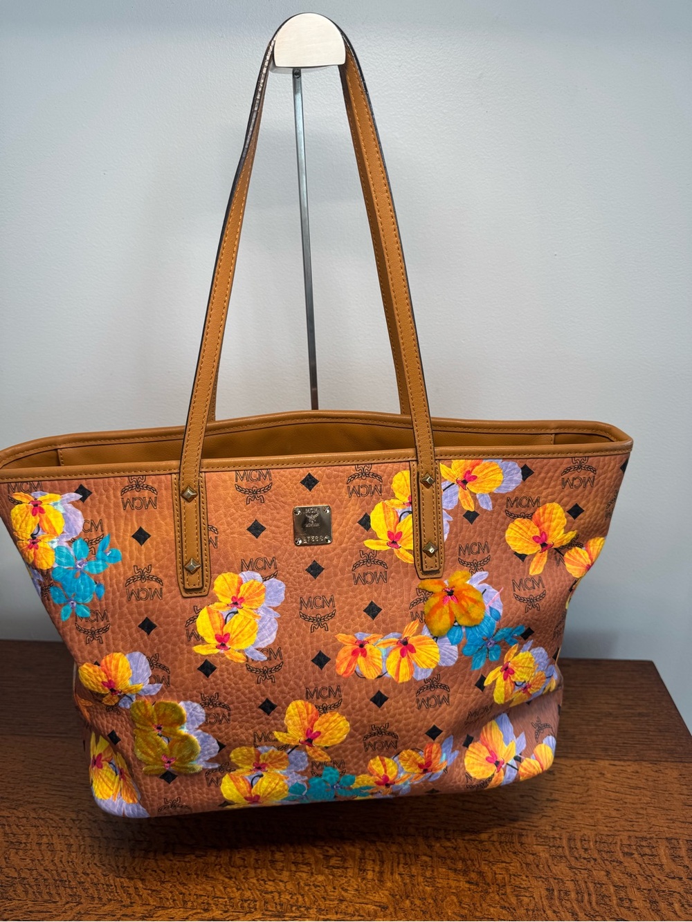 MCM Floral Print Limited Edition Cognac Coated Canvas Tote w/COA